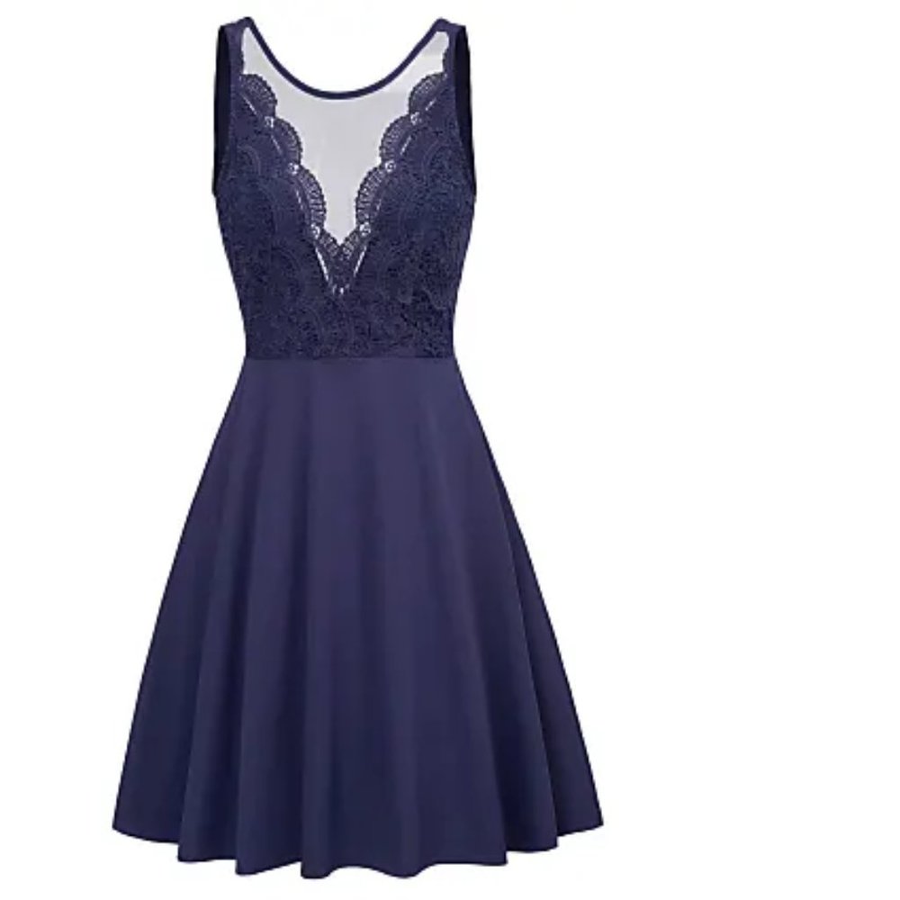 Grace Karin Navy Sleeveless Lace Mesh V-Neck A Line Flared Dress Size Large